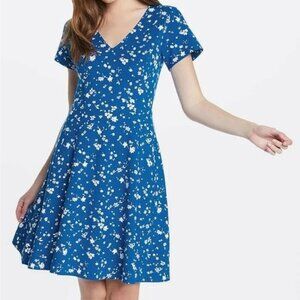 Draper James Women's Blue/white Floral V Neck Ponte Love Circle Dress Sz M